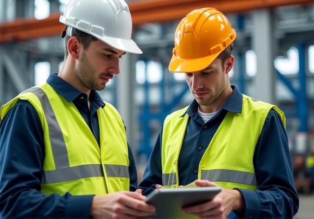 Consultants analyzing metal manufacturing data