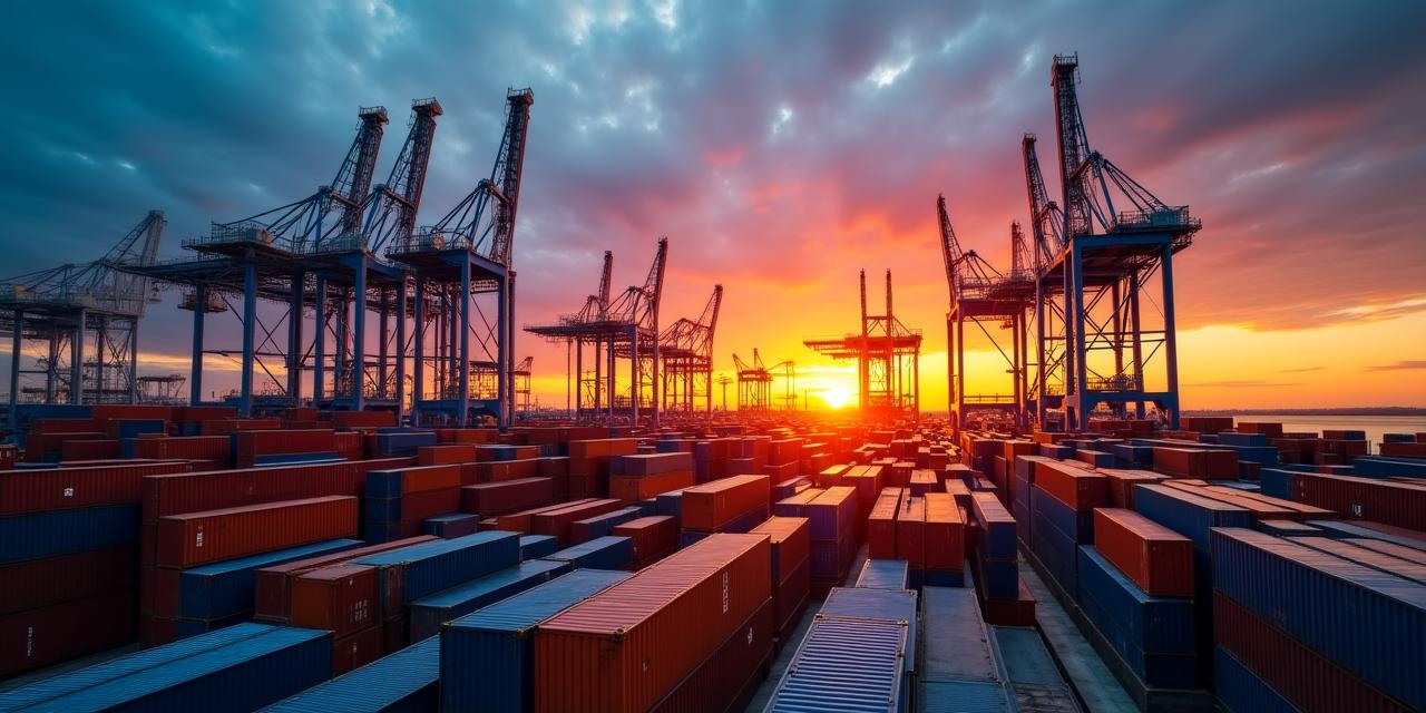 Global industrial shipping port with metal containers and cranes at dusk