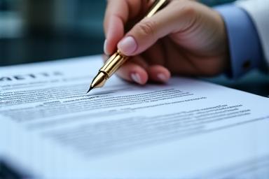 Close up of a legal document and a luxury fountain pen on a steel desk